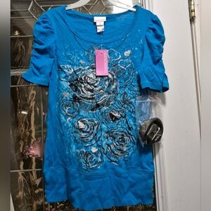 Cherokee Blue Floral Embellished Short Sleeve Top